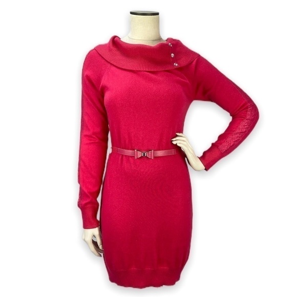 CANDIE’S Fuchsia Pink Cowl Neck Sweater Dress Bow Belt Junior’s XL - Picture 1 of 2